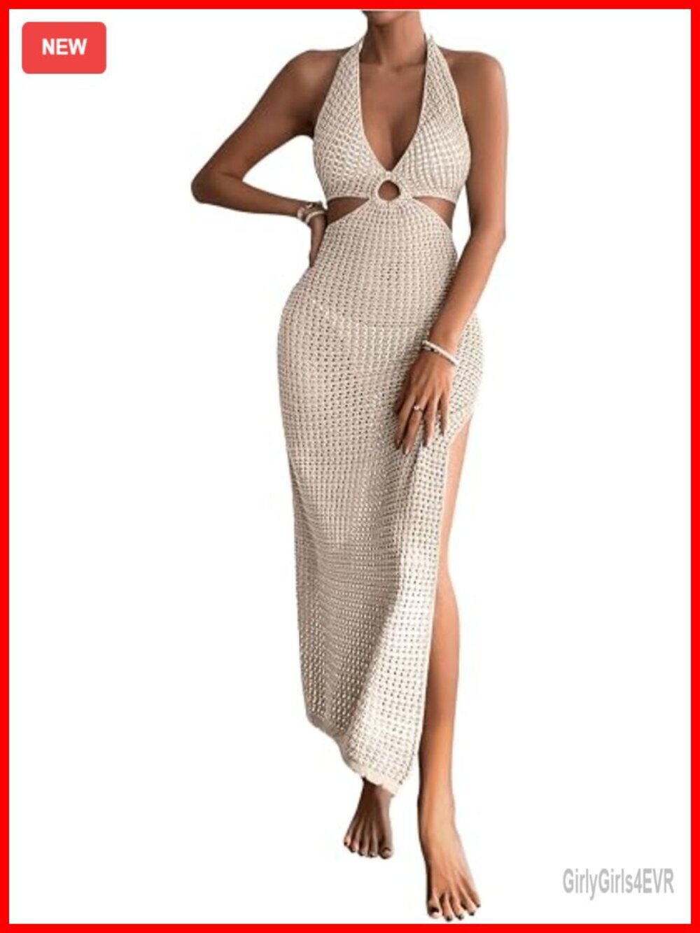Crochet Maxi Dress Halter Knit Backless Swimsuit Cover Up Beach Vacation Summer